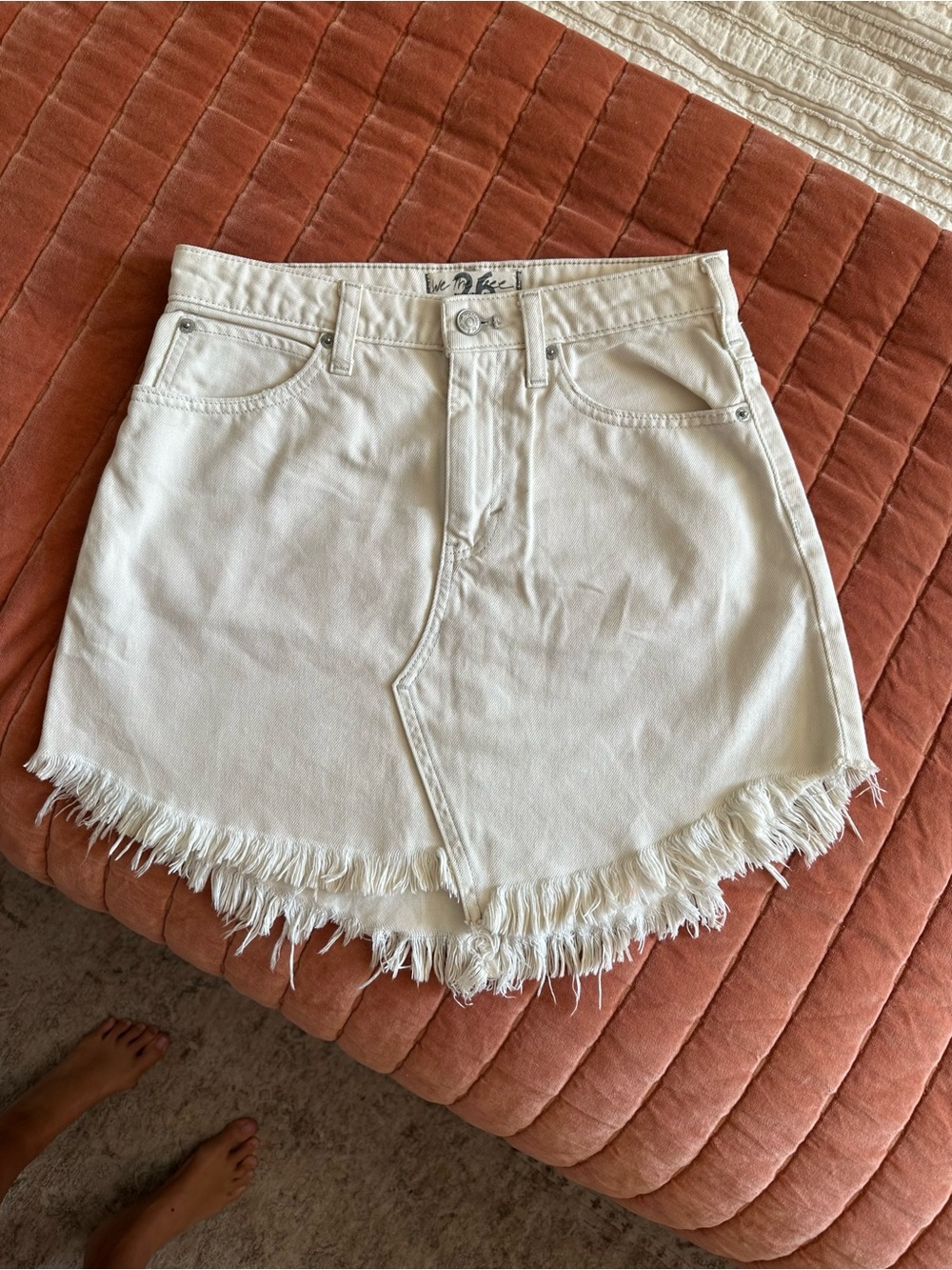 We The Free White Frayed Denim Mini Skirt